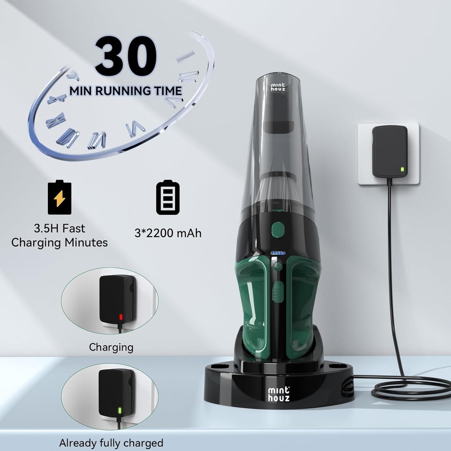 Minthouz Handheld Vacuum Cordless, Strong Suction Car Vacuum Cleaner with LED Light, Long Runtime Hand Vacuum Cordless Rechargeable, Hand Held Vac with Charging Base for Home/Car/Pet/Office