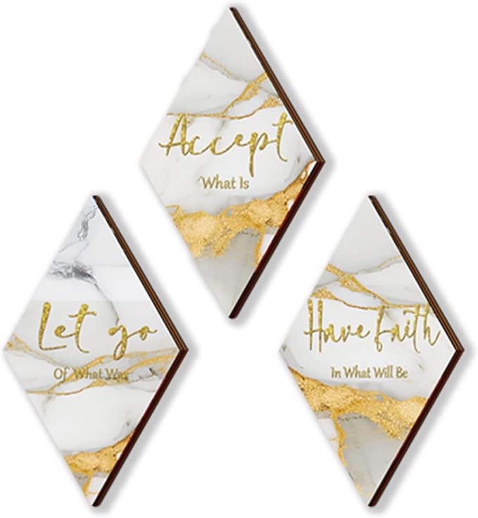 ONIZHITY 3 Pcs White Gold Bathroom Decor White Gold Wall Decor with Accept Let Go Have Faith Quote Rustic Vintage Farmhouse Wooden Hanging Signs for Home Living Room Bedroom Office(12x7 Inches)
