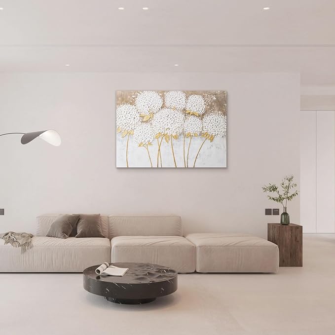 JolyWell White Hydrangea Flower Wall Art, hand-painted Large Canvas Wall Art for Living Room, 3D Textured Oil Painting, Neutral Wall Art decor, Kitchen Bathroom Office Bedroom Wall Art Decor 40" 28"