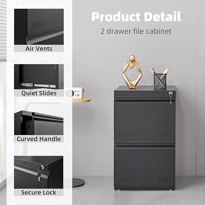 2 Drawer File Cabinets for Home Office, Vertical File Cabinet with Lock, Office Cabinet for A4/Letter/Legal Size, Under Desk Filing Cabinet, Assembly Required(Black)
