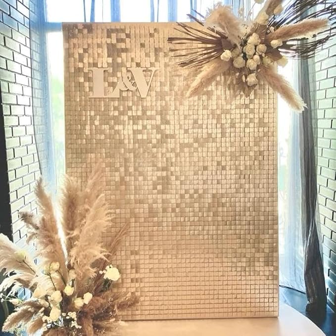 COKAOBE Champagne Gold Sequin Wall Backdrop 24PCS Square Sequin Backdrop