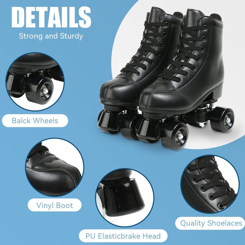 Womens Roller Skates Light Up Wheels, Artificial Leather Adjustable Double Row 4 Wheels Roller Skates Shiny Skates for Teens,Adult (Black Wheel,40-US: 8.5)