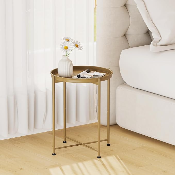 Garden 4 you Small Side Table, Gold Mini Round End Table, Tray Table with Metal Frame, Modern Nightstand for Living Room, Bedroom, Patio, Small Space, 1PCS