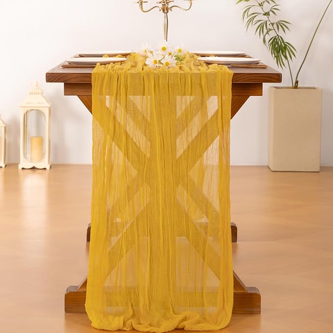 Socomi 6pcs Gold Yellow Fall Thanksgiving Cheesecloth Table Runner Boho Rustic Gauze 120 inch 10FT Cheese Cloth Runner for Wedding Party Baby Shower Birthday Home Decor Holiday Decorations