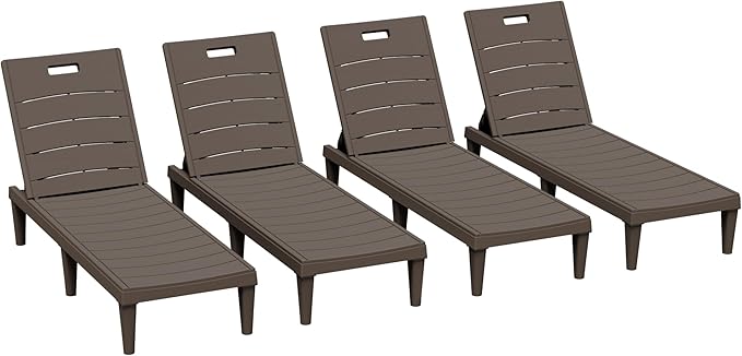 Greesum Outdoor Chaise Lounge Chairs Set of 4 with 5-Position Adjustable Backrest, Waterproof PP Sun Chaise Loungers for Garden Pool Beach Patio Deck Sunbathing, Brown