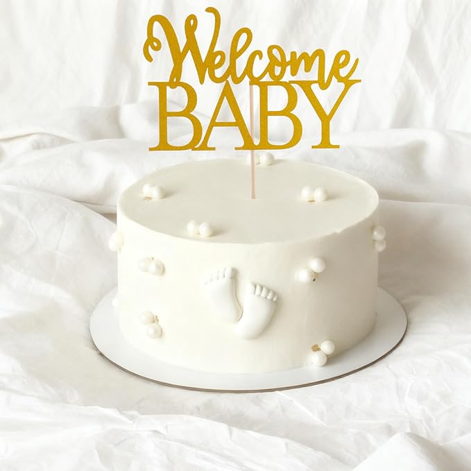 Gold Welcome Baby Cake Topper - Golden Glitter Baby Shower Cake Topper, Gender Reveal Celebration Party Cake Decoration
