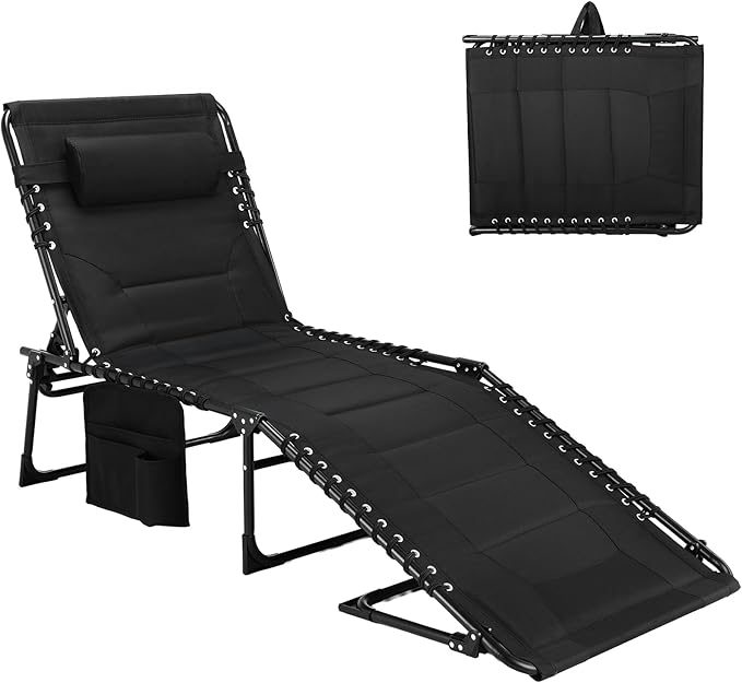 TLSUNNY Padded Folding Lounge Chair, Portable Reclining Chair with Pillow & Side Pocket, Outdoor 5-Position Adjustable Chaise Lounger with Carrying Handle, for Beach, Pool, Sunbathing (Black)