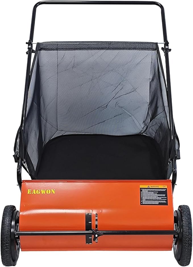 Push Lawn Sweeper, 26-Inch Width, 7 Cu. Ft. Hopper Capacity, 4 Spinning Brushes, Adjustable Height, Durable Steel Frame with Rubber Wheels, Orange