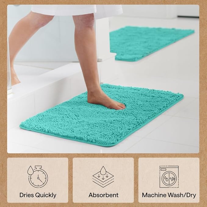 GORILLA GRIP Bath Rug Mat 36x24, Soft Absorbent Chenille, Quick Dry Microfiber Mats, Rubber Backing Washable Shower Floor Rugs, Bathmat Runner, US Designed Bathroom Home Decor Accessories Turquoise