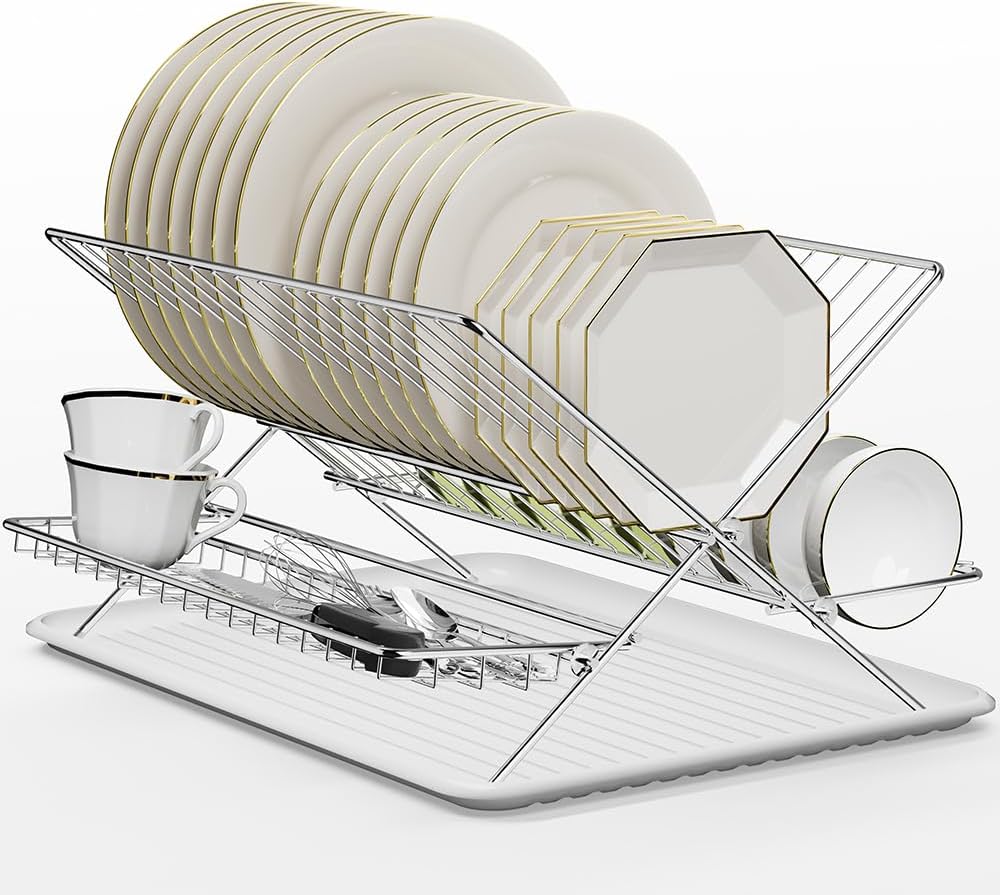 Dish Drying Rack with Drip Tray, 3 Tier Collapsible Stainless Steel Dish Drainer, Plate Rack Holder for Kitchen Counter, Folding Dish Rack for Kitchen Sink, Countertop,Cutlery, Plates, Dishes