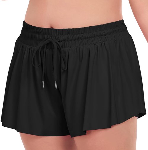COOTRY Plus Size Flowy Athletic Shorts - 2 in 1 High Waist Butterfly Design for Summer Workouts