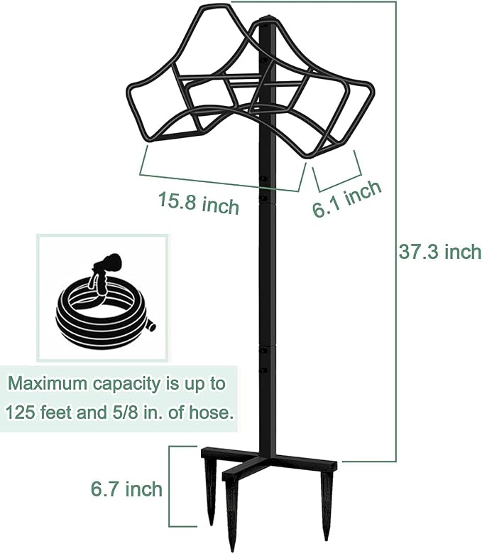 Garbuildman Garden Hose Holder with 3 Spikes, Freestanding Metal Hose Stand for Outdoor Garden, Detachable Hose Storage Rack for Lawn & Yard, Volcano Black