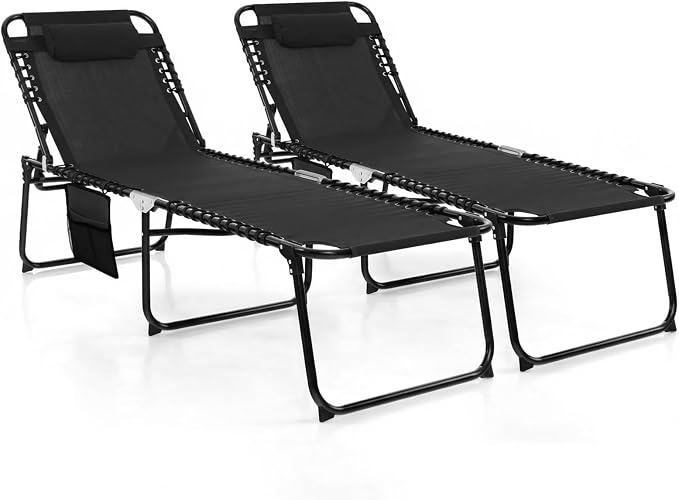 Giantex Patio Lounge Chairs for Outside - Set of 2 Folding Tanning Chair w/Headrest, 4 Adjustable Positions, Side Pocket, Outdoor Chaise Lounge for Camping, Pool, Sunbathing Beach Chair, Black