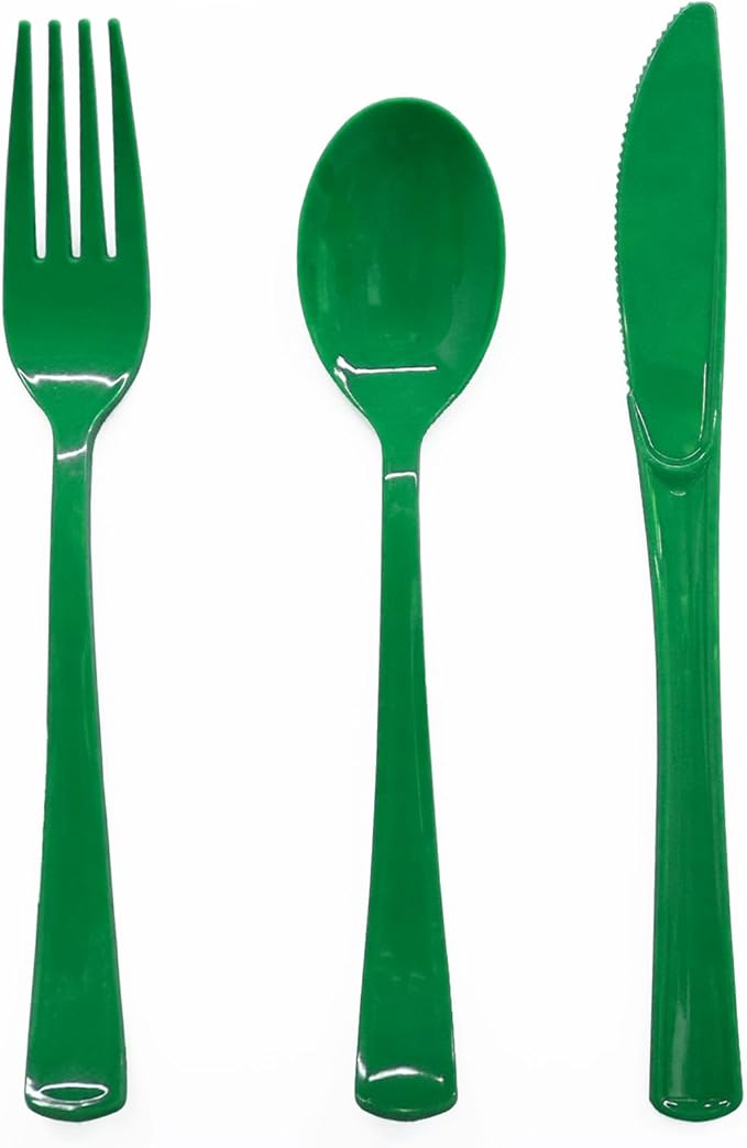 150 PCS Green Plastic Silverware Disposable Green Utensils 50 Plastic Forks, 50 Knives, 50 Spoons for Birthday, Graduation Party, Picnic
