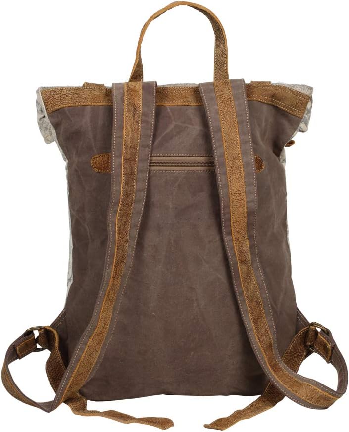 Myra Bag Classy Leather & Upcycled Canvas Backpack S-1237, 13.5" W x 19" H x 4.5" D, Ivory, Brown