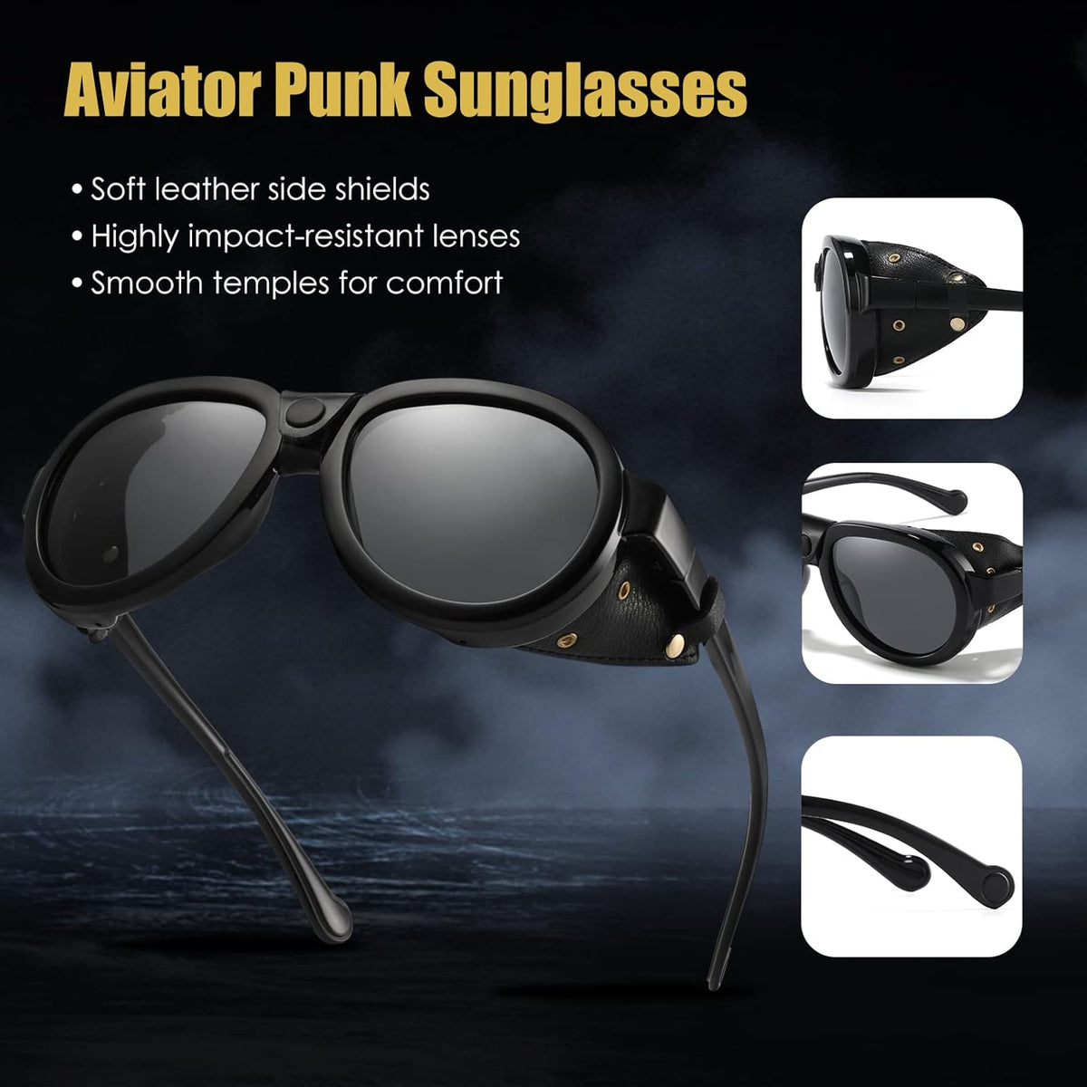Skiennix Retro Aviator Steampunk Sunglasses - Polarized Vintage Goggles with Leather Side Shields for Men & Women