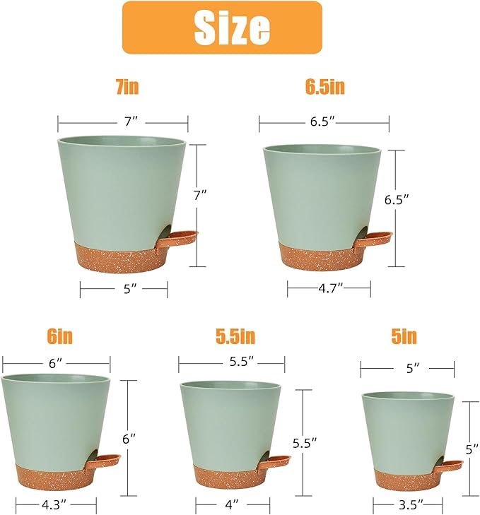 Vanslogreen Planters for Indoor Plants 7/6.5/6/5.5/5 Inch, Self Watering Planters with Drainage Holes and Saucers 5 Pack Plastic Pots for Plants, Succulents, Herbs, Cactus, Flower Pots, Green