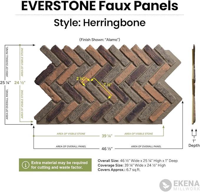 EverStone Herringbone Faux Brick Panel, 46 1/2"W x 25 1/4"H x 1"D, Cabernet