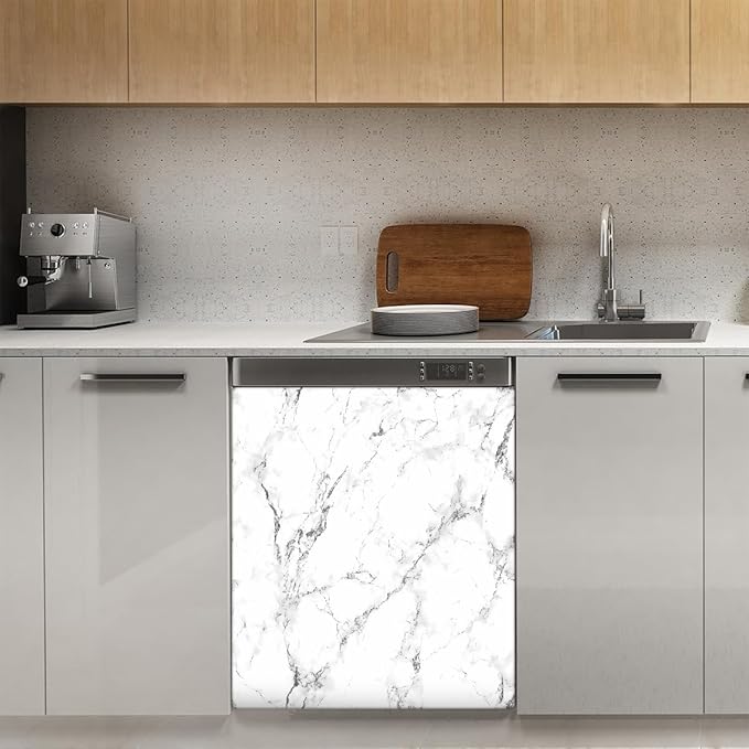 Dishwasher Magnet Cover White Marble Black Texture Reusable Dishwasher Magnetic Cover Sticker Decorative Dish Washer Door Cover Panel for Home Kitcen Appliance, 21x26 in