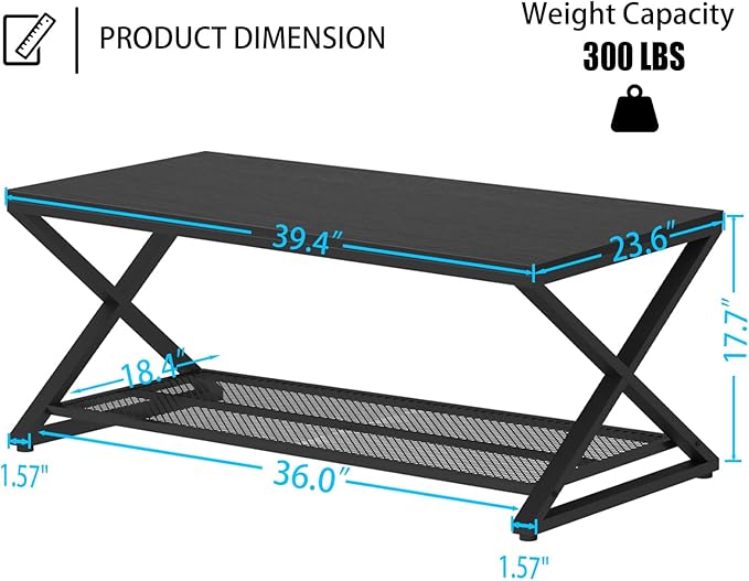 LVB Black Coffee Table, Metal Wood 2 Tier Center Tables with Storage Shelf, Modern Rectangular Cocktail Tea Table for Living Room, Wooden Middle Concrete Table for Office Bedroom, 39 inch, Black Oak