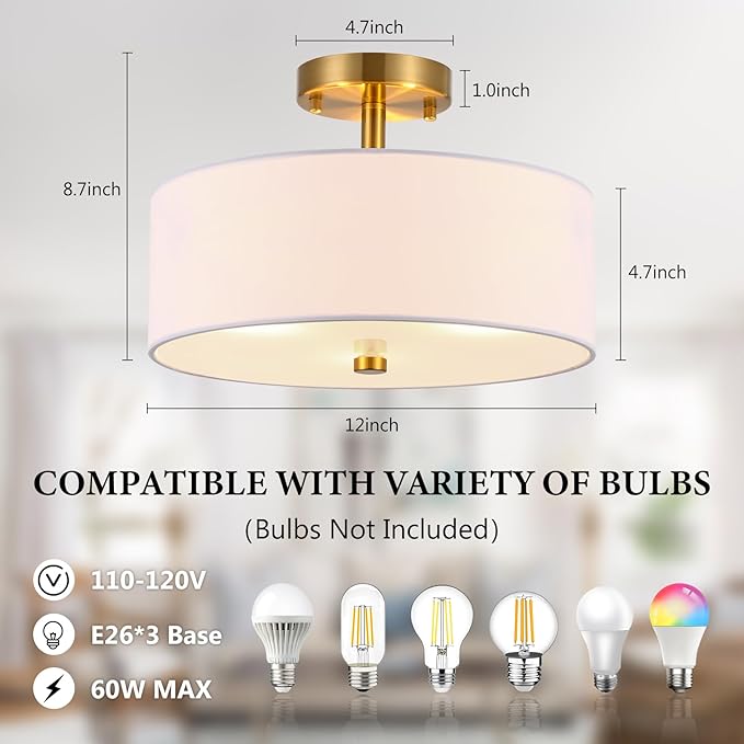 3-Light Gold Semi Flush Mount Ceiling Light,12" Drum Light with White Fabric Shade,Modern Close to Ceiling Light for Bedroom, Living Room, Kitchen, Dining Room, Hallway and Entryway