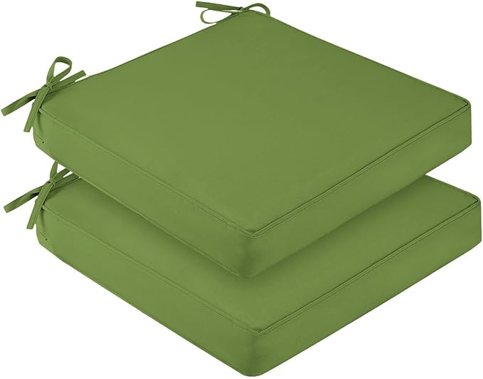 downluxe Waterproof Outdoor Chair Cushions Set of 2, 19" x 19" x 3" Patio Chair Cushion with Non-Slip Ties & Handle, Square Outdoor Cushion for Patio Furniture with Removable Cover, Grass Green