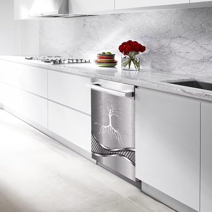 Stainless Steel Design Tree Wallpaper Dishwasher Magnetic Cover Sticker Refrigerator Door Panel Fridge Appliance Magnet Decal Sheet Kitchen Decor 23x17 inch