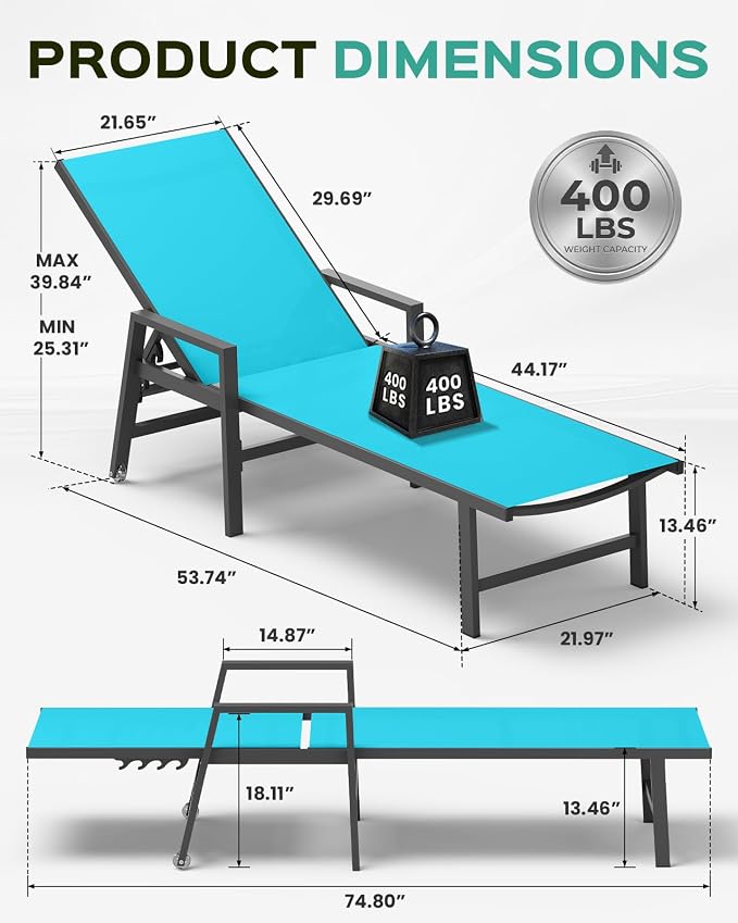 Patio Chaise Lounge Chair Outdoor with Wheels&Armrests, Aluminum Pool Lounge Chairs Set of 2 Five-Position Adjustable Recliner, Outdoor Beach Lounge Chairs for Outside, Patio, Deck, Yard, Lake Blue