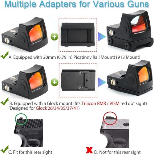 GOTICAL CNC-Machined Fiber Optic Handgun Sights - Front & Rear for Glock Pistols | Mini Red Dot Sight