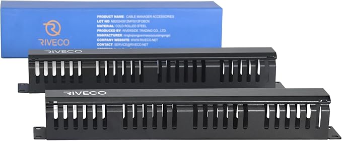 RIVECO 2PCS 1U Cable Management for Racks & Server Cabinets Managing Cord & Wire, Cable Raceway for 19” Rack Mount 24 Slots Large 2.8 Inches Capacity Black