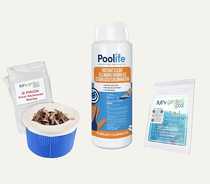 Poolife Instant Clear Cleaning Granules 5 lb – Fast-Dissolving Cal Hypo Shock – Restores Cloudy Pools in Hours – Includes 2 Scum Socks and 7-in-1 Test Strips