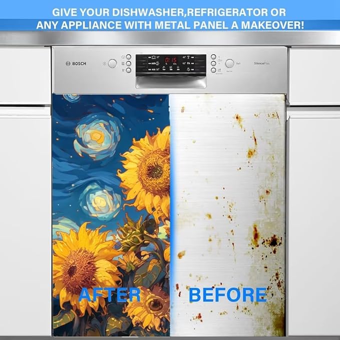 Farmhouse Sunflower Dishwasher Covers for The Front, Starry Night Style Flowers Dishwasher Sticker, Sunflower Painting Fridge Skins Cover - 23" W x 26" H Ordinary