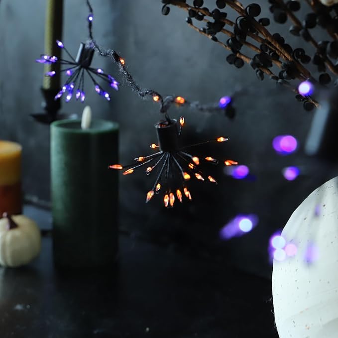 8 Clusters Firework Lights 10FT Battery Operated Orange and Purple Fairy Lights with Remote 200LED Decorative Fall Lights for Indoor Outdoor Garden Halloween Decorations