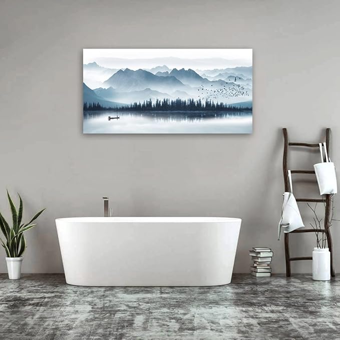 arteWOODS Indigo Canvas Wall Art Misty Mountain Wall Pictures Foggy Lake Boat Canvas Painting Blue Forest Birds Canvas Wall Decor for Living Room Wall Decorations Framed Ready to Hang 29" x 58"