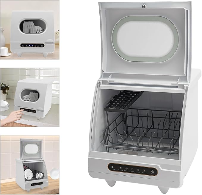 Portable Countertop Dishwasher, 5 Washing Programs Neutral Freestanding Dishwasher with 5L Built-in Water Tank, 1200W 360° Spraying Water Compact Dishwasher for Homes (1200W White)