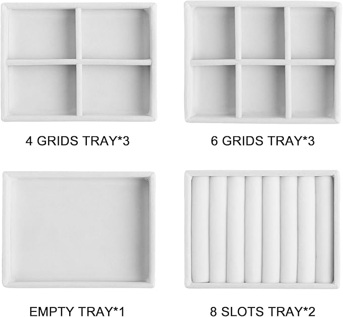 Frebeauty Small Jewelry Tray Set,Stackable Velvet Jewelry Organizer Tray,Mini Jewelry Drawer Organizer,Drawer Inserts,4.92 x 3.74 x 0.9 Inches,Earring Organizer for Women(Set 4,White)