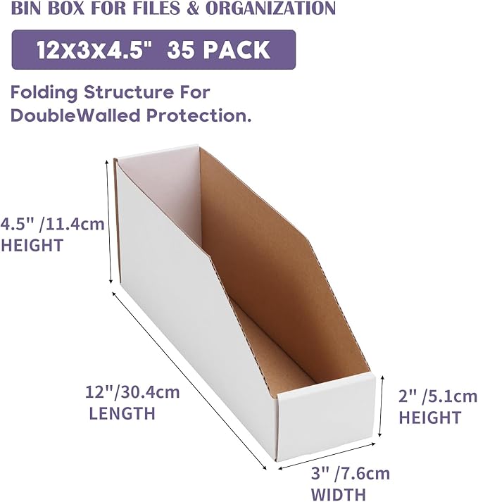 EXYGLO Cardboard Storage Bins 35 Pack, 12x3x4.5 Inch Cardboard Boxes, Corrugated Organizer Bins for Pantry, Shelves, Garage, Office, Shop, White