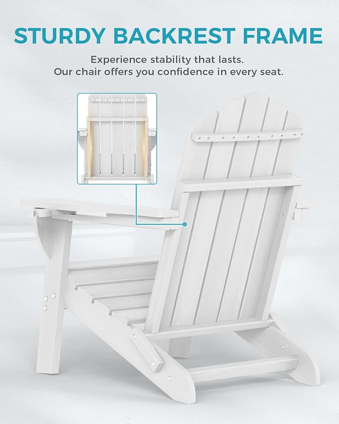 Adirondack Chairs Set of 6, Fire Pit Chairs, Wood Texture Patio Chairs with 2 Cup Holder, Outdoor Lawn Chair, White