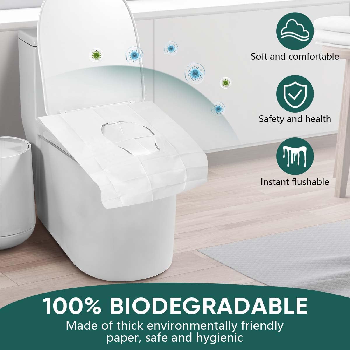 60 Pcs Disposable Flushable Paper Toilet Seat Covers Travel Supplies Essentials for Airplane, Public Restrooms, Bathroom, Hotels, Camping, Kids or Adults