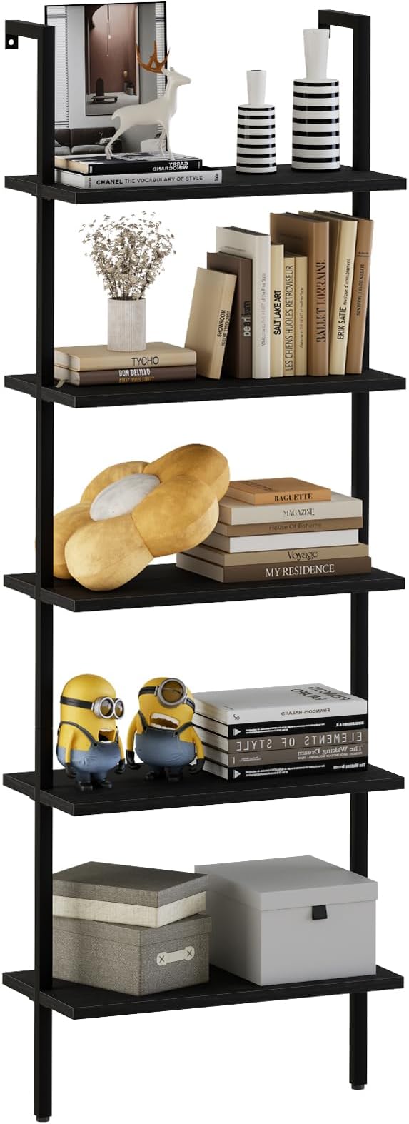 aboxoo Ladder Shelf Open 5-Tier Bookshelf Wall-Mounted Black Wood Bookcase