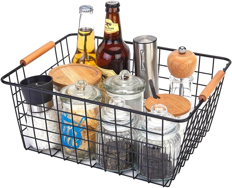 LeleCAT Large black wire baskets with Wooden Handles for storage pantry, Storage Organizer Baskets, Household Refrigerator for Cabinets, Closets, Bedrooms, kitchen - Set of 3 Black