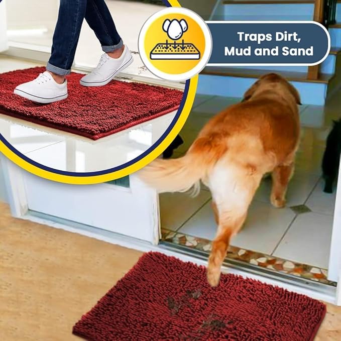Muddy Mat® | Super Water Absorbent Door Mat Indoor, Microfiber Quick Dry Chenille Entryway Rug, Slip Resistant Front Door Mat, Indoor Mats for Entryway, Machine Washable Pet Rug, Red 36"x72"