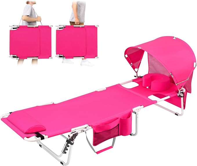 Oversized Extra Wide Tanning Chair with Sun Canopy Face Hole Padded Adjustable Washable, Heavy Duty Layout Folding Lounge Chair for Outside Beach Reading Sunbathing, UPF 50+, XL, Pink, 330 LBS
