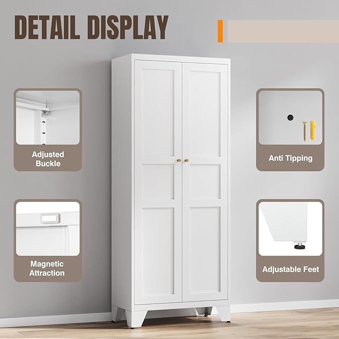 Yizosh Metal Storage Cabinet with 2 Doors and 4 Adjustable Shelves - 71" White Kitchen Pantry Storage 4-Tier Tall Steel Cabinets Locker for Kitchen, Living Room, Dining Room