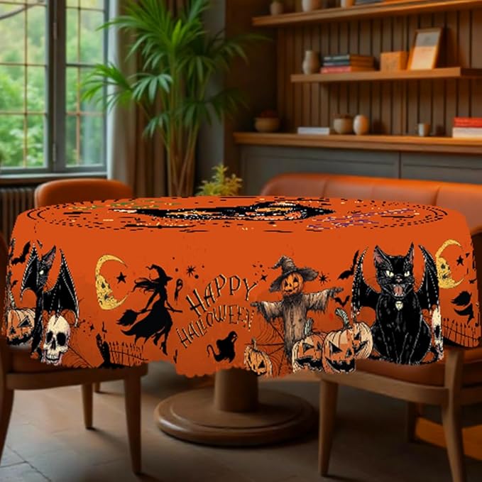 Eikione Round Tablecloth 60inch, Halloween Tablecloth Cat Waterproof and Wrinkle-Free, Table Covers, Summer Decorations for Home Dining