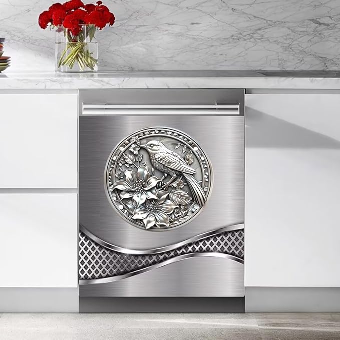 Stainless Steel Design Bird Pattern Dishwasher Magnet Cover Sticker,Refrigerator Magnet Cover Decal Fridge Microwave Stickers Kitchen Decor,23 x 17 Inch
