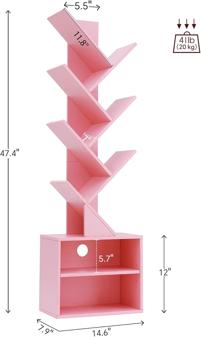SUNMORY 6 Tier Tree Bookshelf, Small Bookcase with Storage Cabinet, Modern Tall Narrow Bookshelves Organizer, Floor Standing Book Shelf for Bedroom/Living Room/Home Office/Corner, Pink