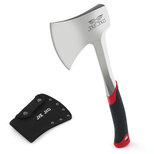 JXE JXO 14.4" Camping Hatchet with Full Tang Forged Construction & Ergonomic Shock Absorbing Grip, Hatchet Axe with Nylon Sheath (Red