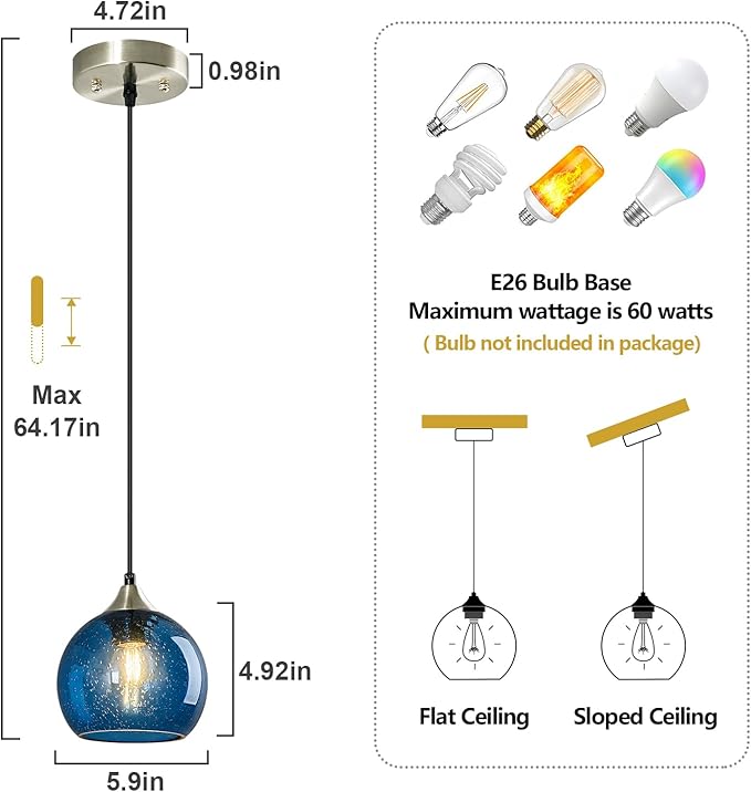 Blue Glass Pendant Lights Kitchen Island Lighting Globe Pendant Light Fixtures Modern Pendant Lighting for Kitchen Island Bedroom Living Dining Room Light Fixture(5.9in, 3-Pack)