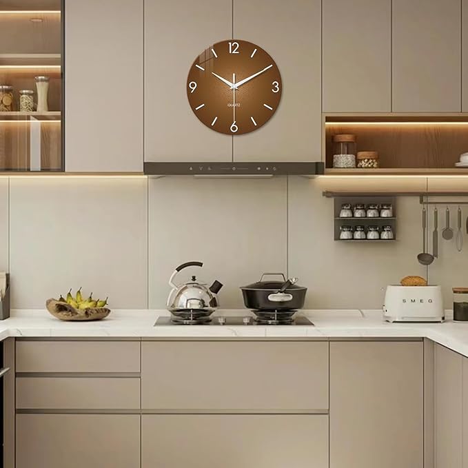 XFM Brown Wall Clock 12 Inch Modern Silent Wall Clocks Battery Operated Round